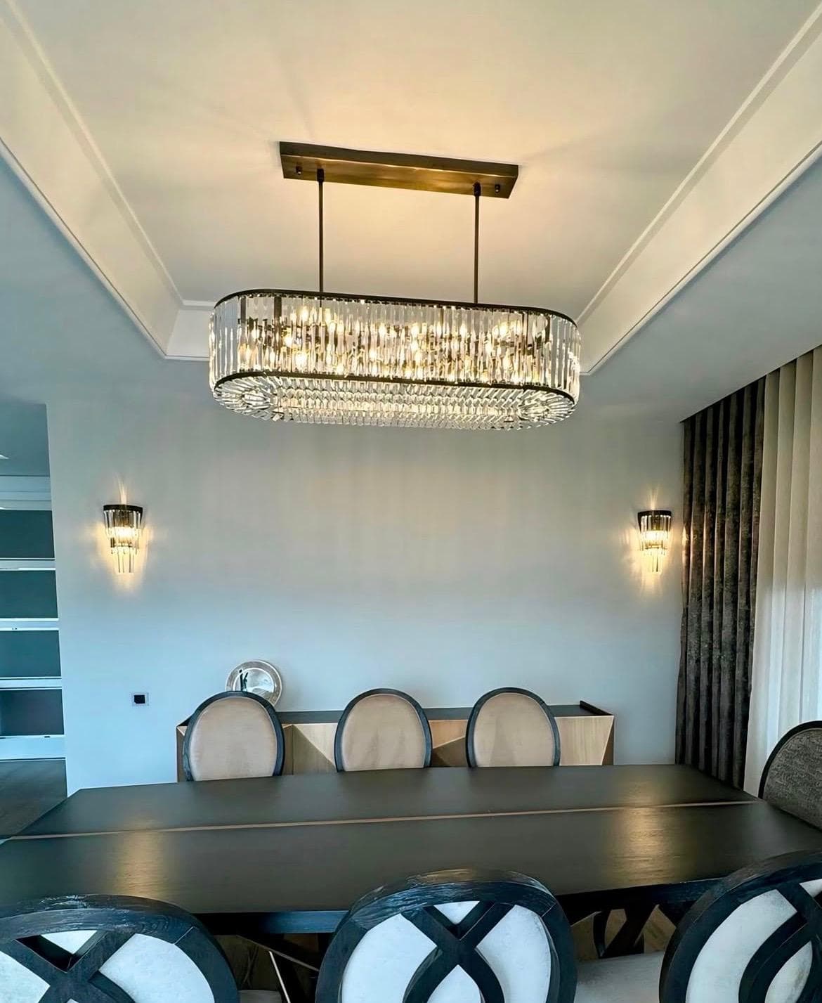 Oval Baget Kristal Taşlı Yemek Odası Avizesi ve Aplikleri
