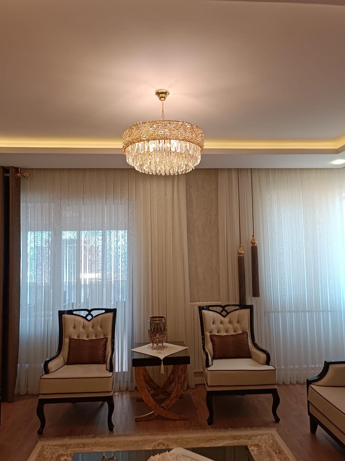 Dairesel Kristal Baget ve Taşlı Lüks Salon Avizesi